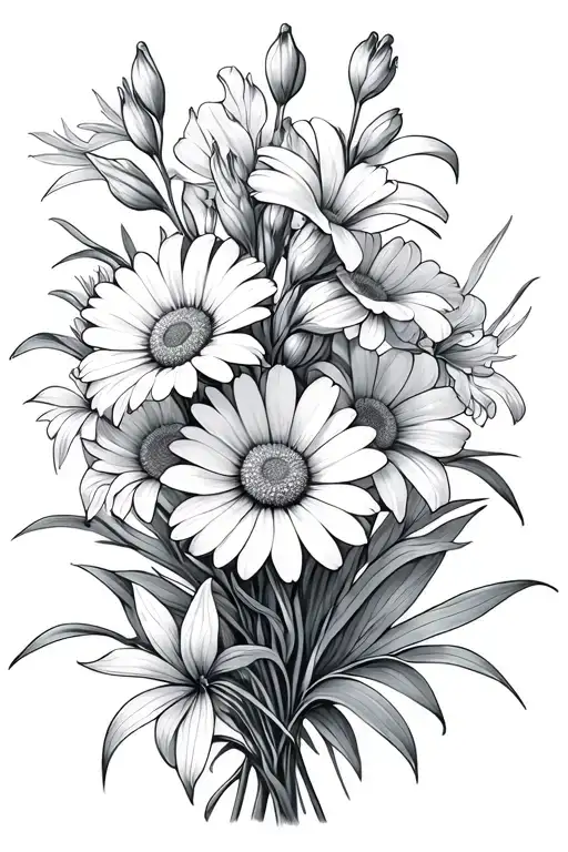 Daisy And Gladiolus Flower Bouquet Fine Line