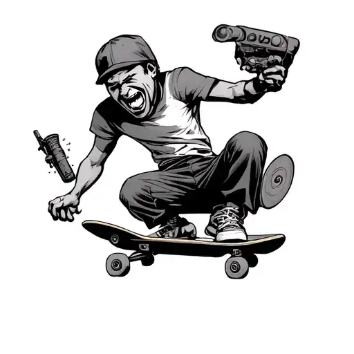 Comic World With Face Riding A Skateboard And Holding A Viyl In One Hand