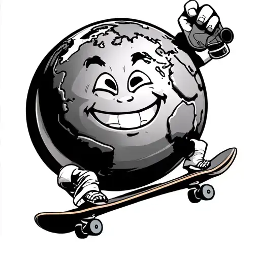 Comic Globe With Smiling Face Riding A Skateboard And Holding A Viyl In One Hand