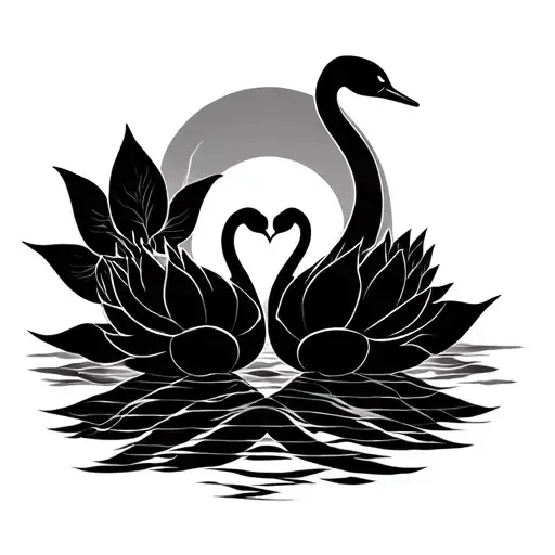 Three Petal Lotus With Two Swans Making A Heart And Rising Sun