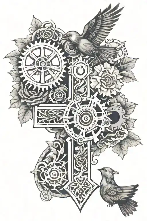 Gears Intertwined With Flowers A Cross And A Bird