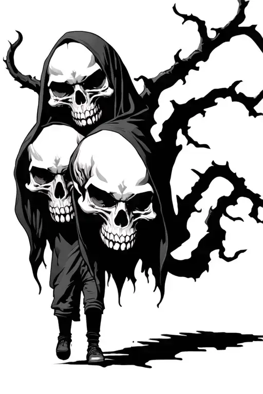 2 Demon Skulls Stacked Wile Hooded Person Walks Away