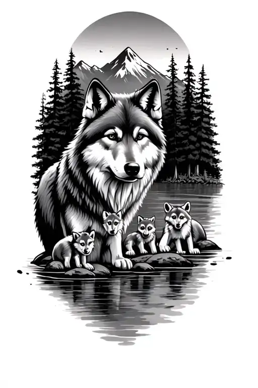 Wolf And Cubs In Woods By A Lake With Mountains