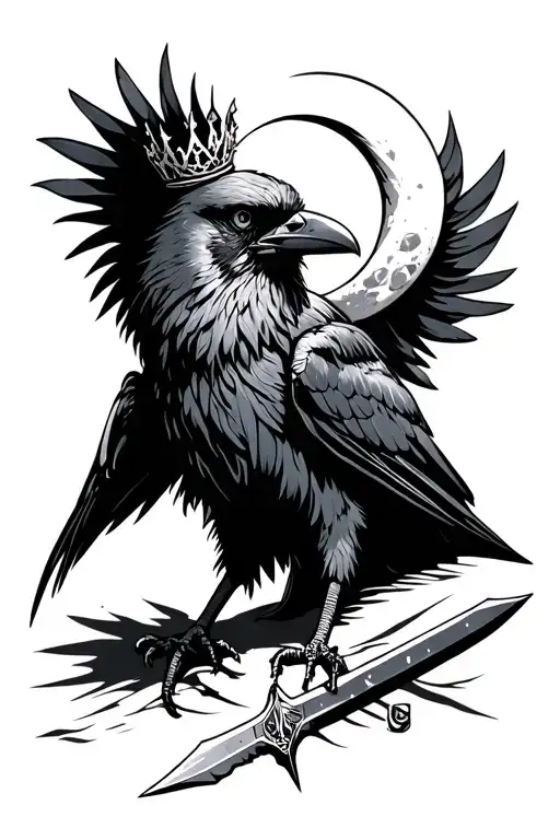 Crow Sitting With Moon Tiara With Dagger Blow Its Feet