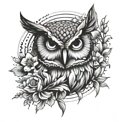 Owl Face With No Geometric Surrounded By Cosmo Flower And Gladiolus Flower