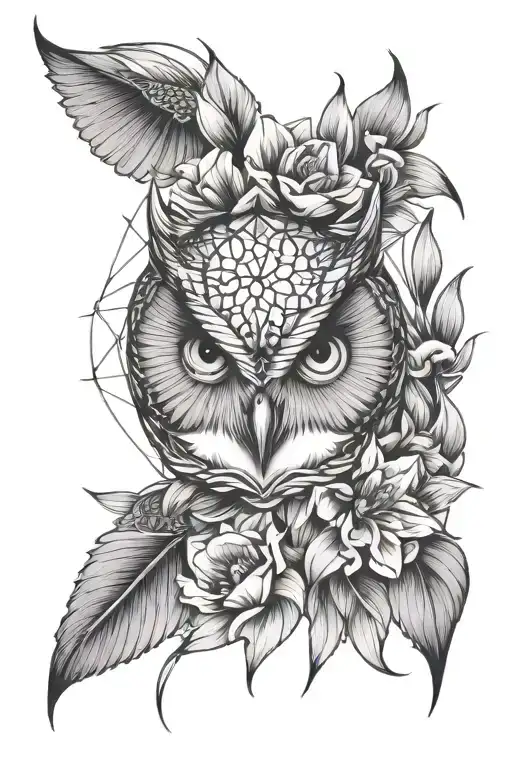 Owl Face With No Geometric Surrounded By Cosmo Flower And Gladiolus Flower