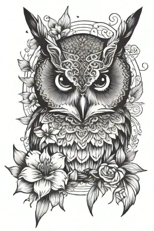 Owl Face With No Geometric Surrounded By Cosmo Flower And Gladiolus Flower