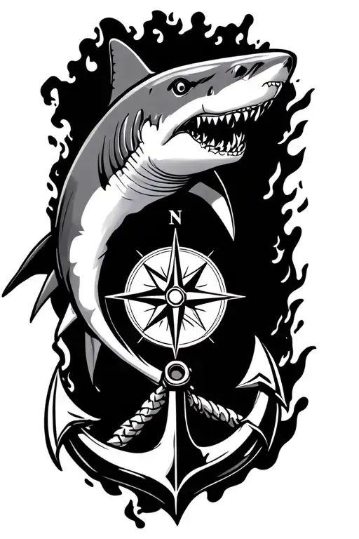 Boat Anchor And Compass Shark Emerging Victoriously From The Ashes