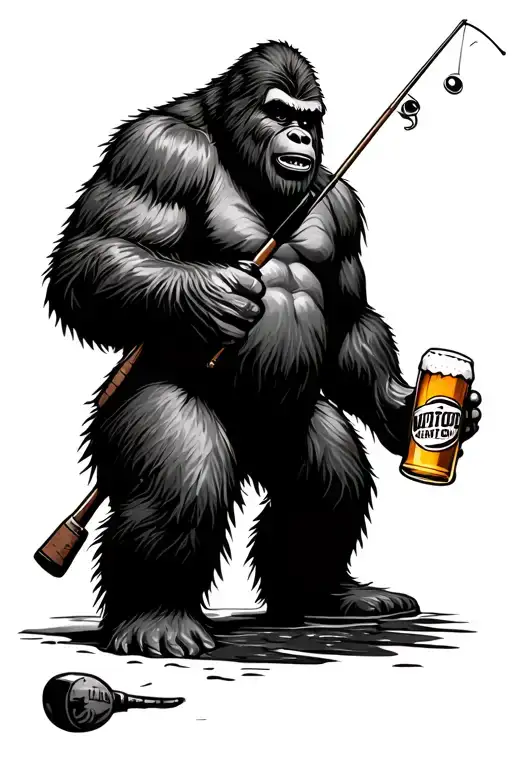 Bigfoot Holding Beer And A Fishing Pole Going