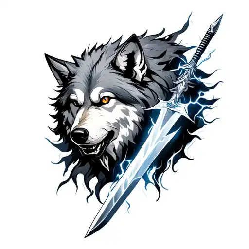 Sword And Lightning Bolt Intertwined And Wolf