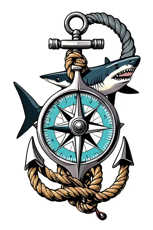 Nautical Compass Boat Anchor With Rope Wrapped And A Shark Behind