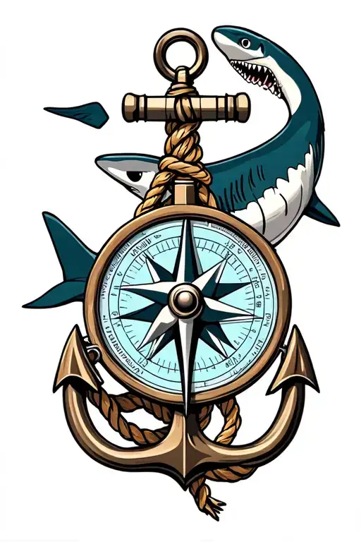 Nautical Compass Boat Anchor With Rope Wrapped And A Shark Behind