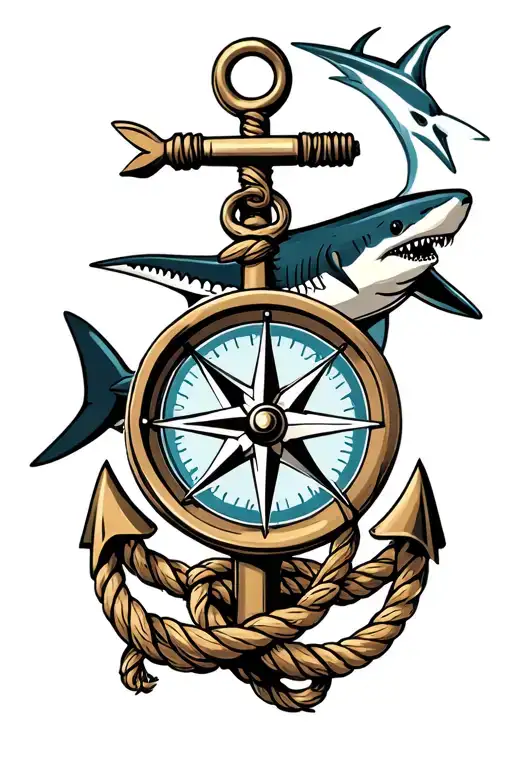 Nautical Compass Boat Anchor With Rope Wrapped And A Shark Behind