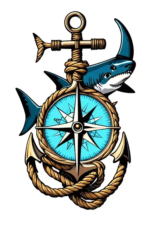 Nautical Compass Boat Anchor With Rope Wrapped And A Shark Behind