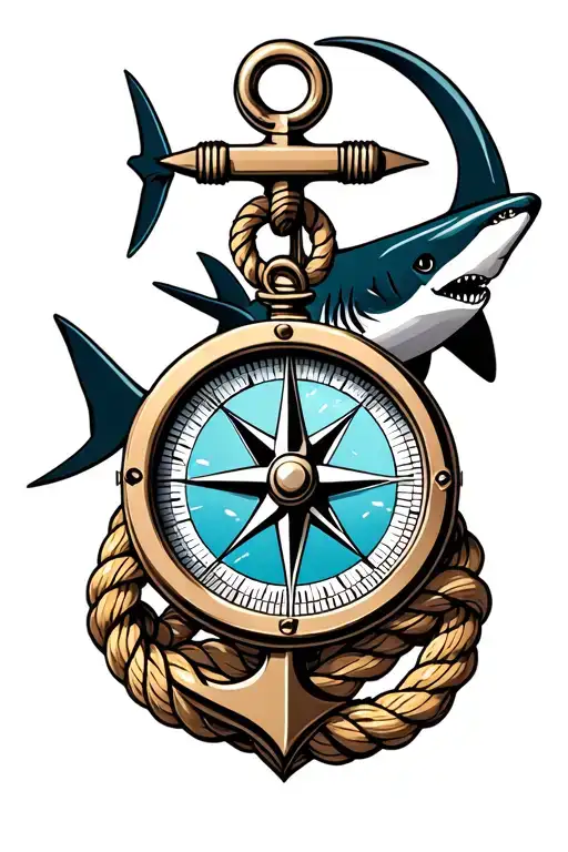 Nautical Compass Boat Anchor With Rope Wrapped And A Shark Behind