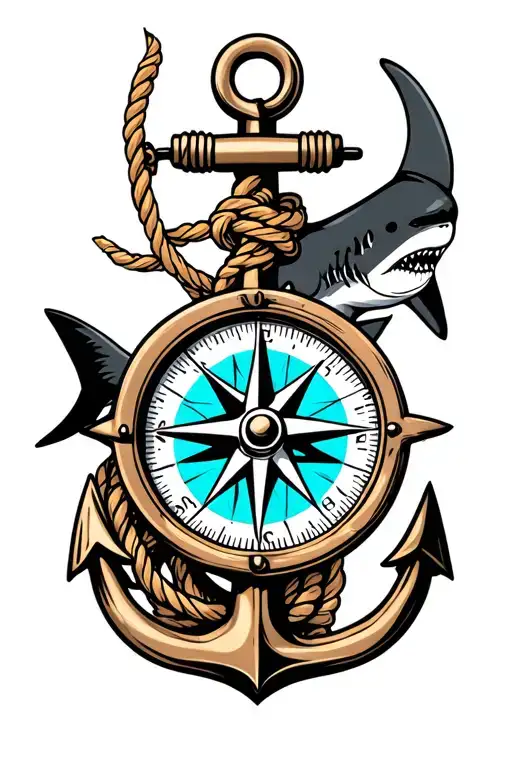 Nautical Compass Boat Anchor With Rope Wrapped And A Shark Behind