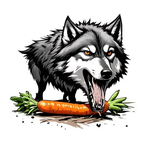 Aggressive Wolf Eating A Carrot