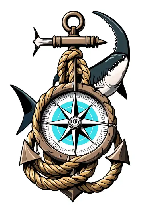 Nautical Compass Boat Anchor With Rope Wrapped And A Shark Behind