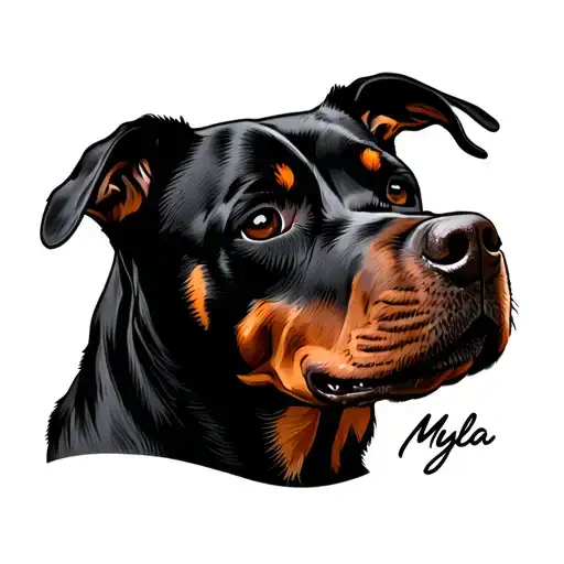 Top Of Rottweilers Ears With Myla In Cursive Writing- Simple Lines
