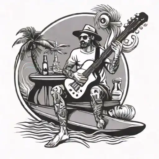 A Server Serving Drinks On A Stand Up Paddle Surfboard With A Guitar And Harmonica In The Background