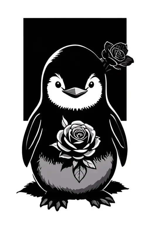 Line Penguin With Rose In Feet