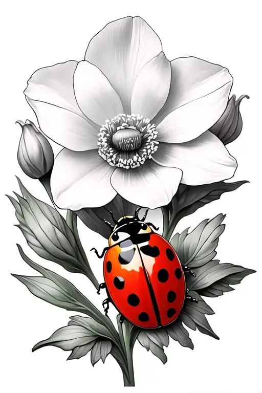 Ladybug With Poppy And Paperwhite Narcissus Flower
