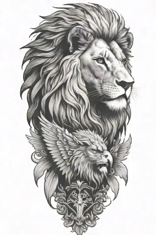 A Lion And An Eagle Perched