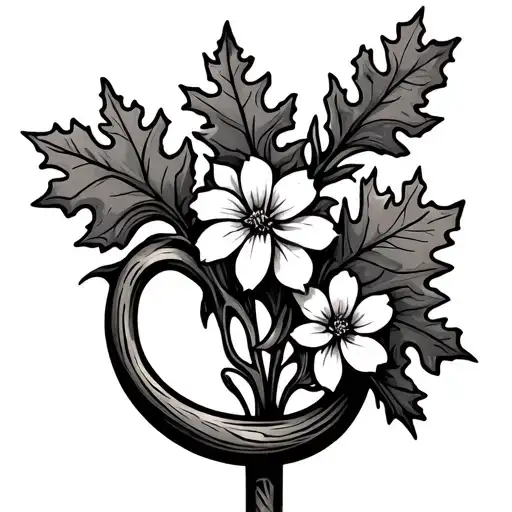 A Shepherds Crook With Oak Leaves And Flowers Sprouting Out Of It