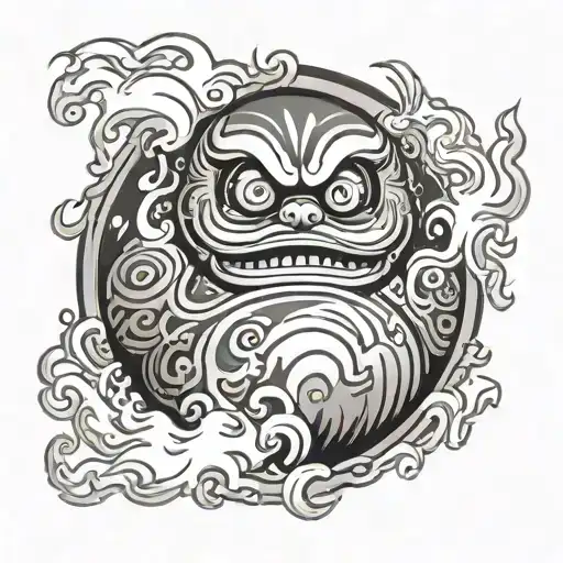 Daruma Doll Surrounded By Flames And Smoke