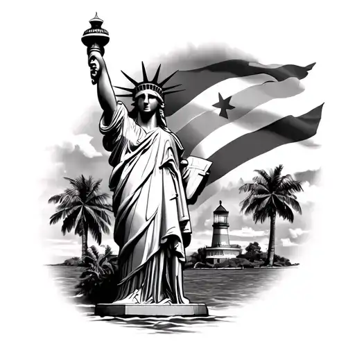 Statue Of Liberty Wearing Puerto Rico Flag Palm Trees And Lighthouse Background