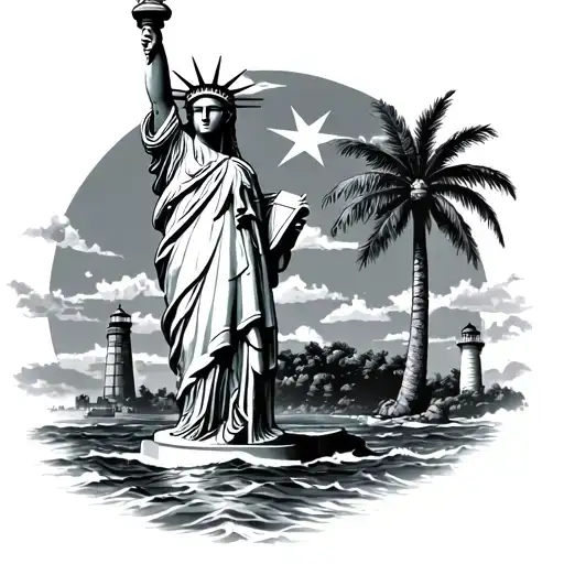 Statue Of Liberty Puerto Rico Flag Palm Trees And Lighthouse Background
