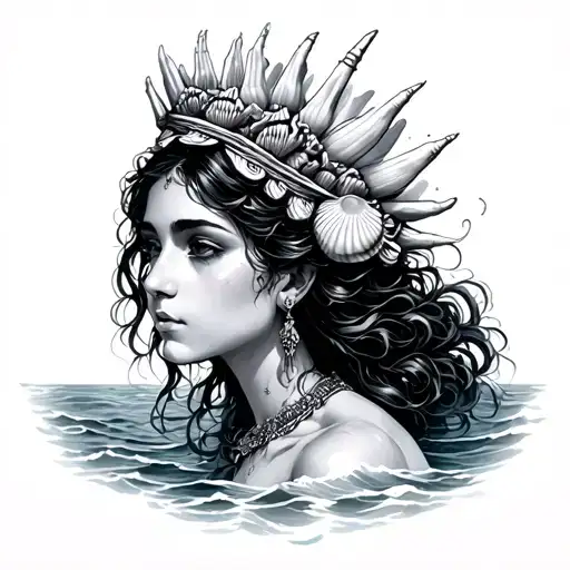 Calypso Black Female With Shell Crown Gazing Into The Ocean