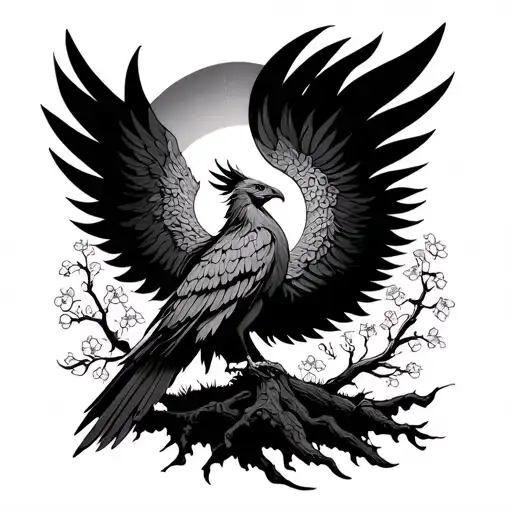 With A Phoenix In Background With A Blooming Tree With Sun Shining Behind The Phoenix