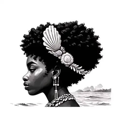 Calypso Afro Female With Shell Crown Gazing Into The Ocean