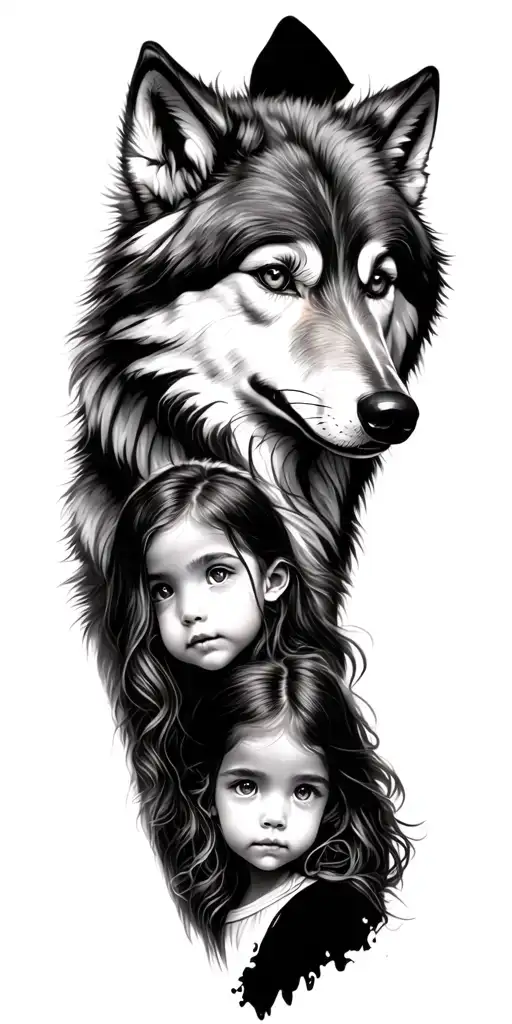 Bright Eye Wolf With A Little Girl