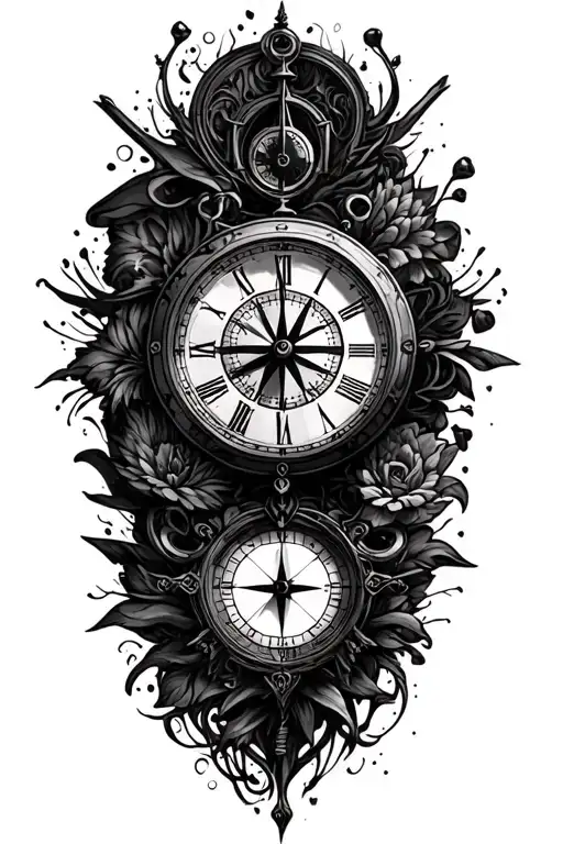 Clock And Compass Surrounded By Various