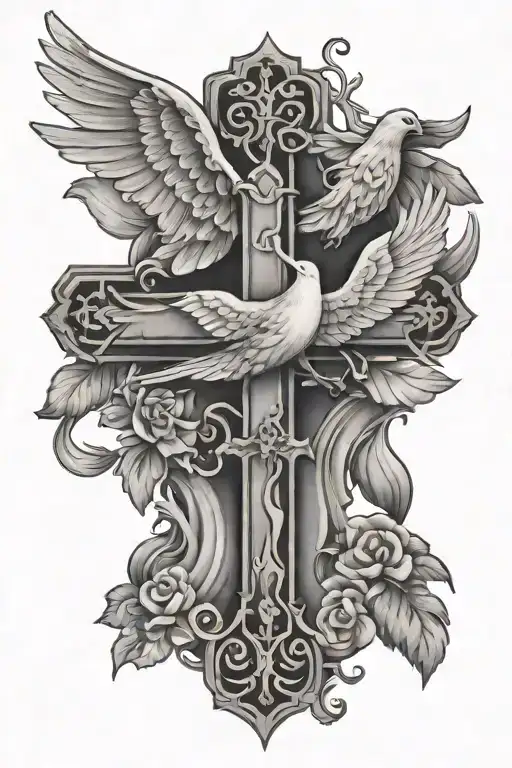 Cross And 3 Doves Flying