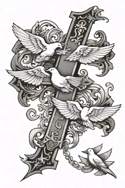 Cross And 3 Doves Flying