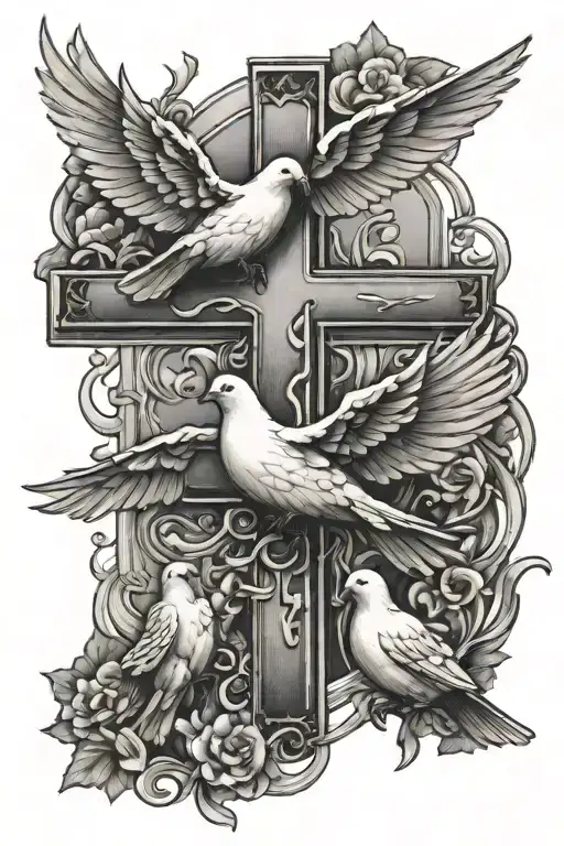 Cross And 3 Doves Flying