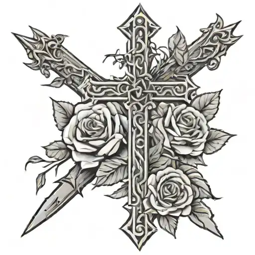 Cross With Thorns Around It And Roses In The Background Faded With Clouds