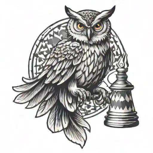 Owl Flying Holding Kings Chess Piece Traditional