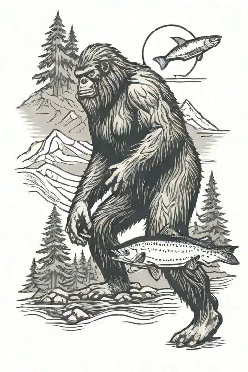 Pnw Sasquatch With A Salmon With Mt Rainer