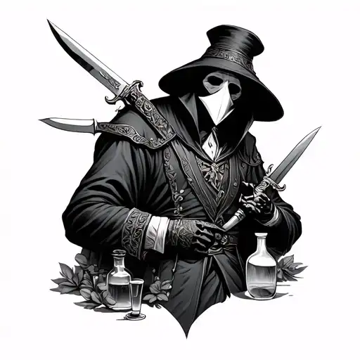Plague Doctor Assassin Wearing Georgian Traditional Suit With Knives And Potions