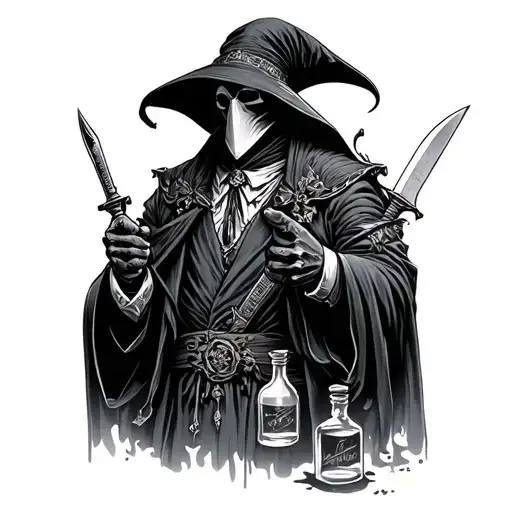 Plague Doctor Assassin Wearing Traditional Suit With Knives And Potions