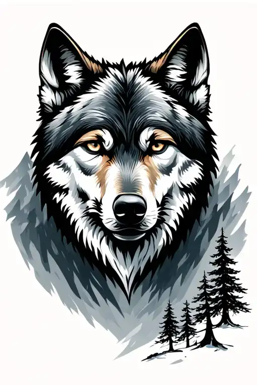 Forest Tree Line Fading Upwards Into Mountains With The Face Of A Wolf