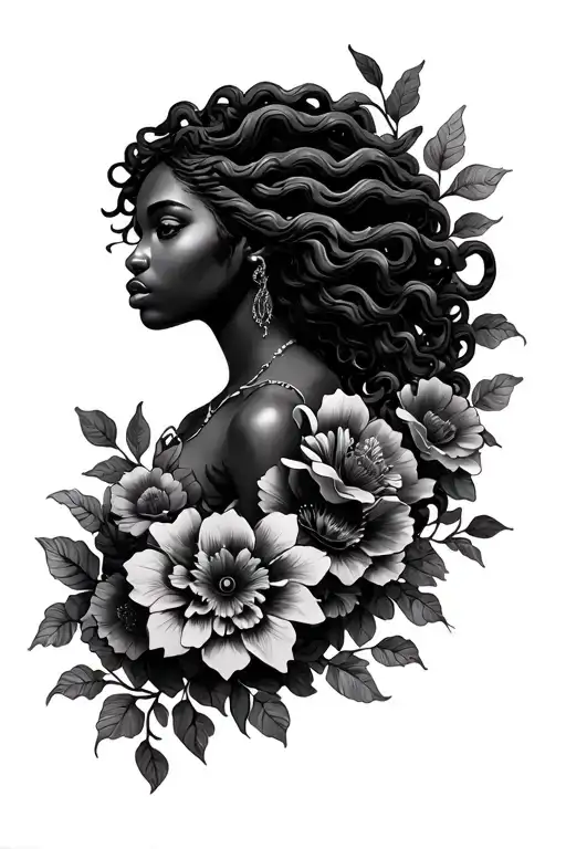 African American Medusa With Flowers Intertwined