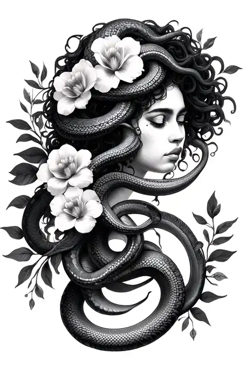 African American Medusa With Snakes Flowers Intertwined