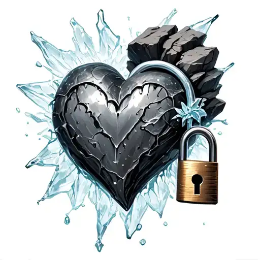Heart Made Out Of Steel Covered In Stone With Lock And Ice Forming On It