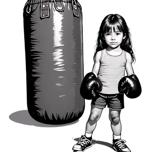 Little Girl With Boxing Gloves Standing In Front Of Large Heavy Bag