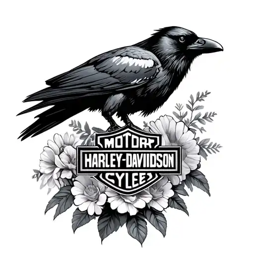 Raven Holding Harley Davidson Logo Standing In Flowers